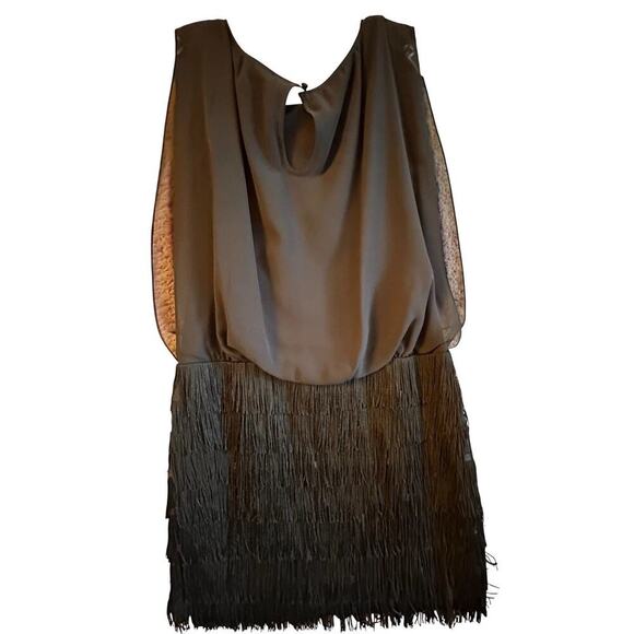 Aidan By Aidan Mattox Black Chiffon & Fringe Sexy Mini Dress Sz 6 Mob Wife Goth - Picture 4 of 16